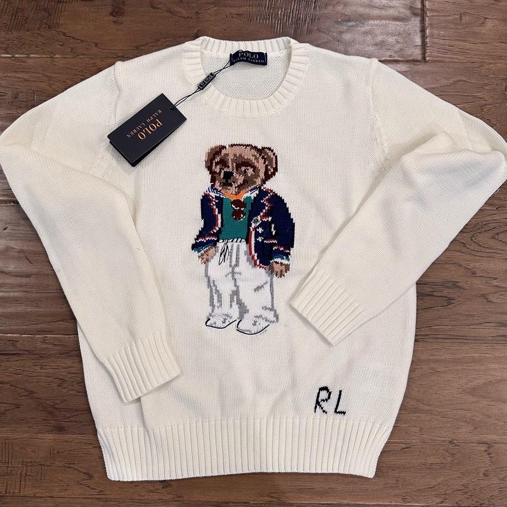 Polo by Ralph Lauren Cream Crewneck Sweater with Bear Intarsia